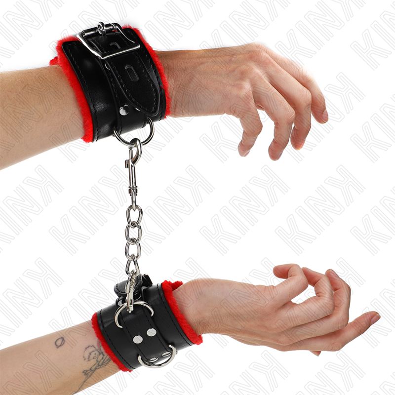Menottes BDSM Cuir Doublées Fourrure Rouge Noir - Kink - KINK WRIST RESTRAINT