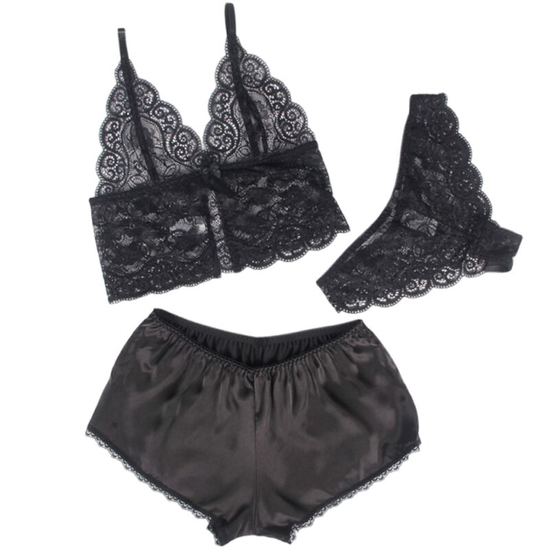 Chemisier de nuit en soie et dentelle avec culotte noir S/M - Subblime - SUBBLIME SETS