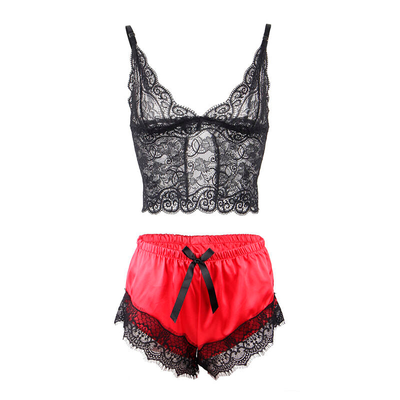 Chemise de nuit en soie et pantalon en dentelle noir/rouge L/XL - Subblime - SUBBLIME SETS