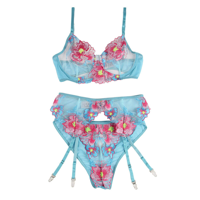 Ensemble lingerie floral bleu soutien-gorge culotte porte-jarretelles S/M - Subblime - SUBBLIME SETS