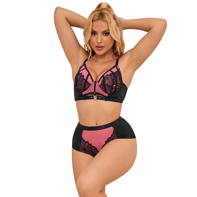 Ensemble lingerie dentelle et résille push-up rose L/XL - Subblime - SUBBLIME SETS