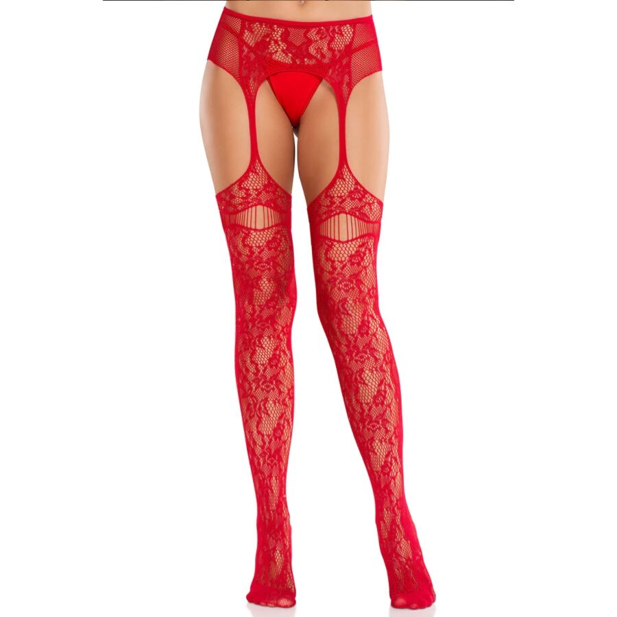 Bas Dentelle Résille Porte-Jarretelles Intégré Rouge - Leg Avenue