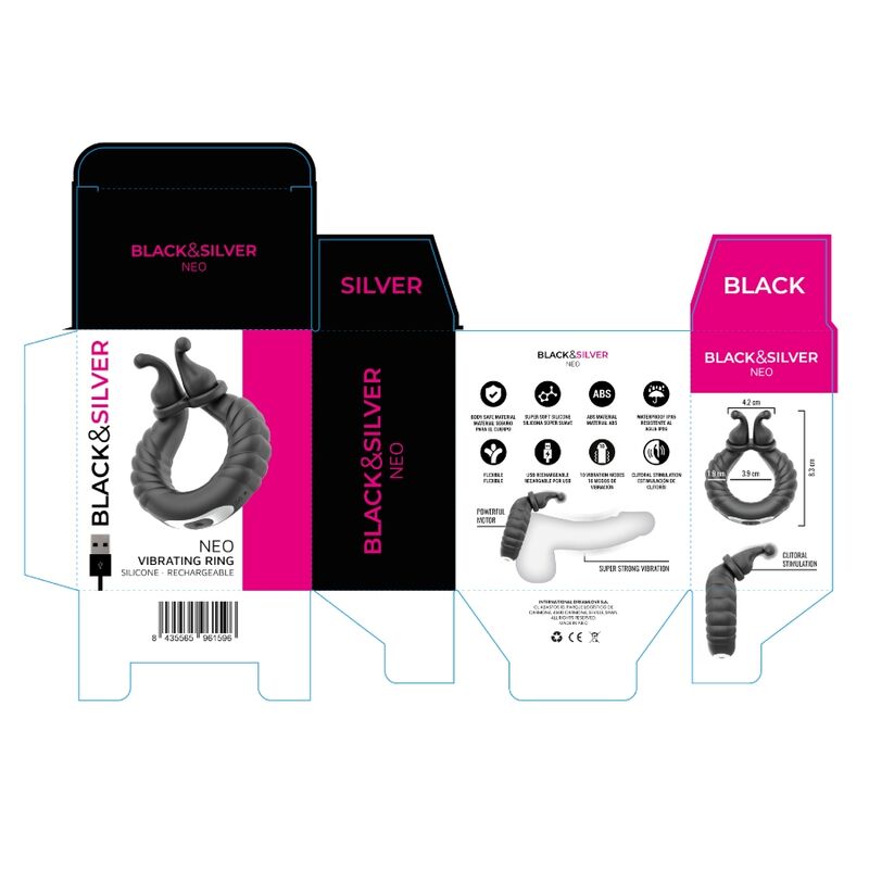 BLACK & SILVER - ANNEAU VIBRANT RECHARGEABLE POUR COUPLES NEO NOIR