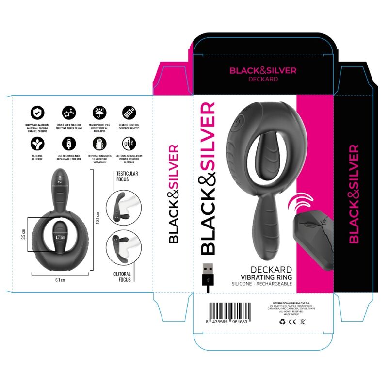 BLACK & SILVER - ANNEAU VIBRANT RECHARGEABLE DECKARD AVEC TÉLÉCOMMANDE NOIR