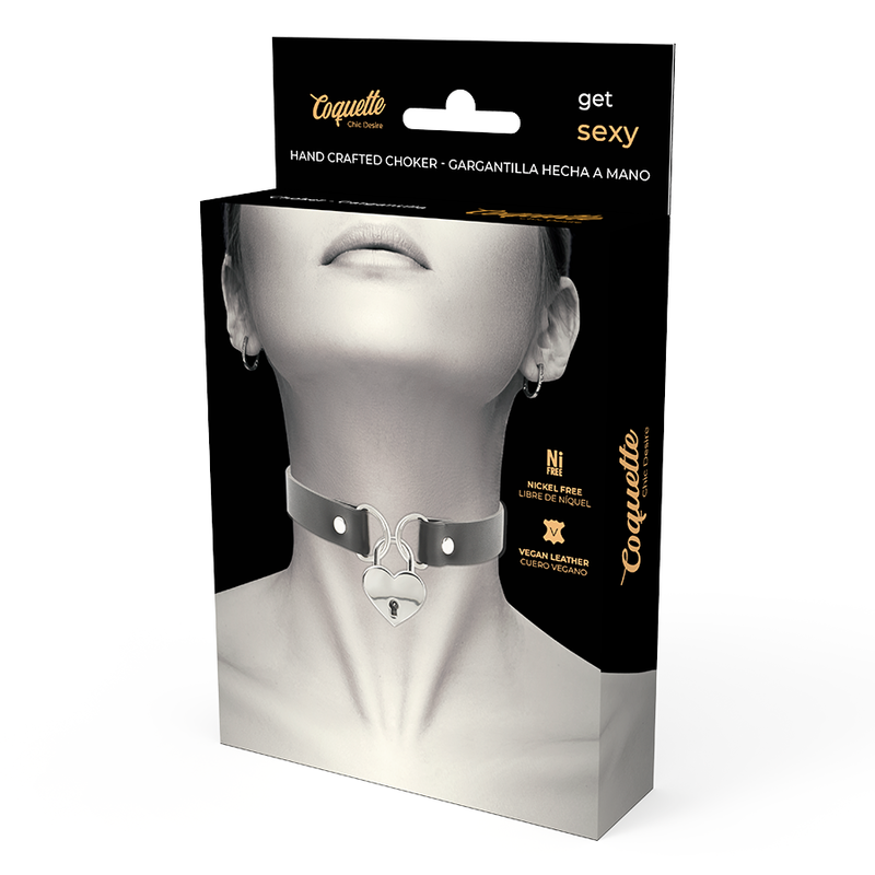 Collier Fétiche Cuir Végan Cœur et Clé Noir - Coquette