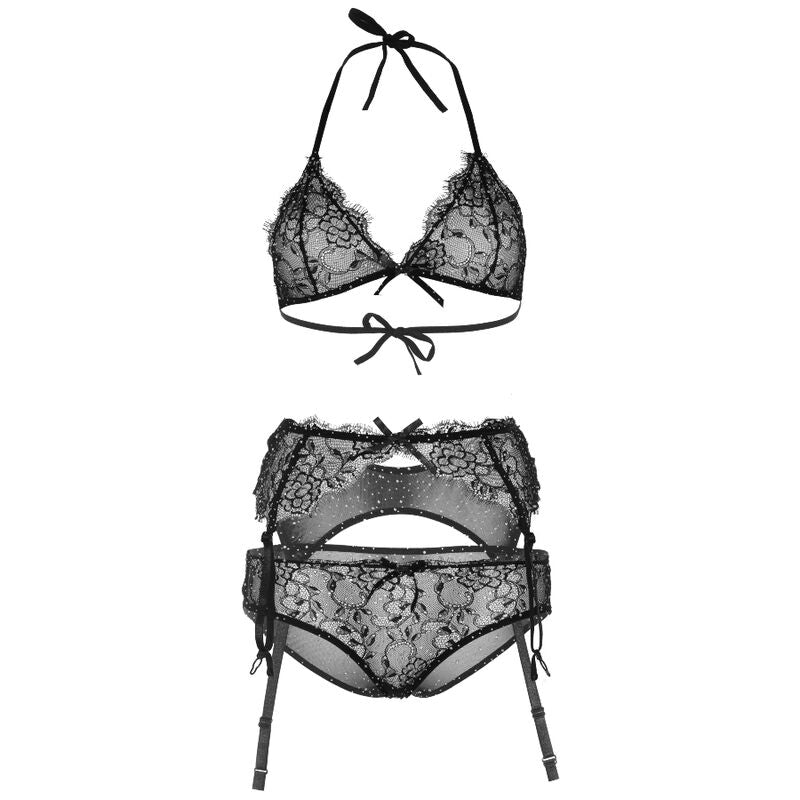 Ensemble Lingerie 3 Pièces Strass Noir M - Leg Avenue