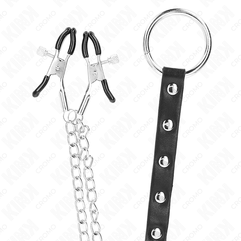 Anneau pénien métal avec chaîne et pinces à mamelons réglables - Kink - KINK RING POWER
