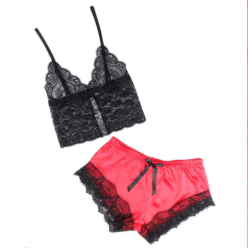 Chemise de nuit en soie et pantalon en dentelle noir/rouge S/M - Subblime - SUBBLIME SETS