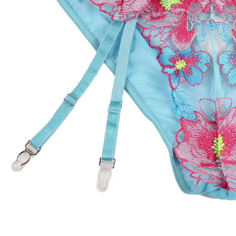 Ensemble lingerie floral bleu soutien-gorge culotte porte-jarretelles S/M - Subblime - SUBBLIME SETS