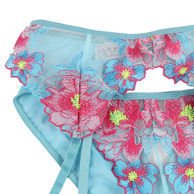 Ensemble lingerie floral bleu soutien-gorge, culotte et porte-jarretelles L/XL - Subblime - SUBBLIME SETS