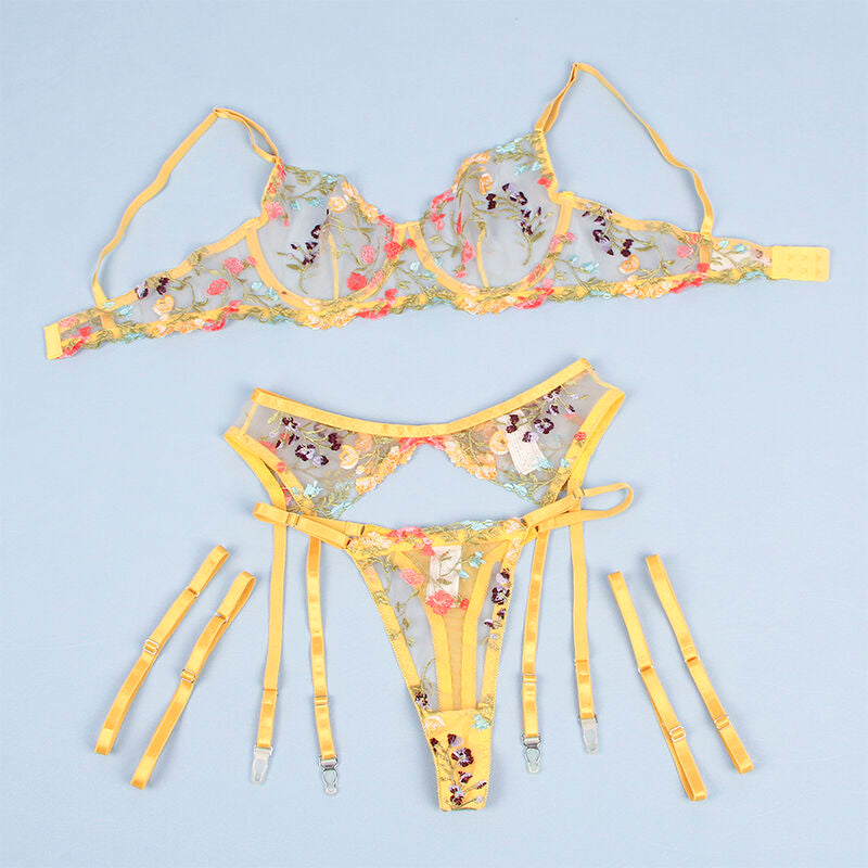 Gelbes Blüten-Dessous-Set BH Slip Strapshosenträger S/M - Subblime