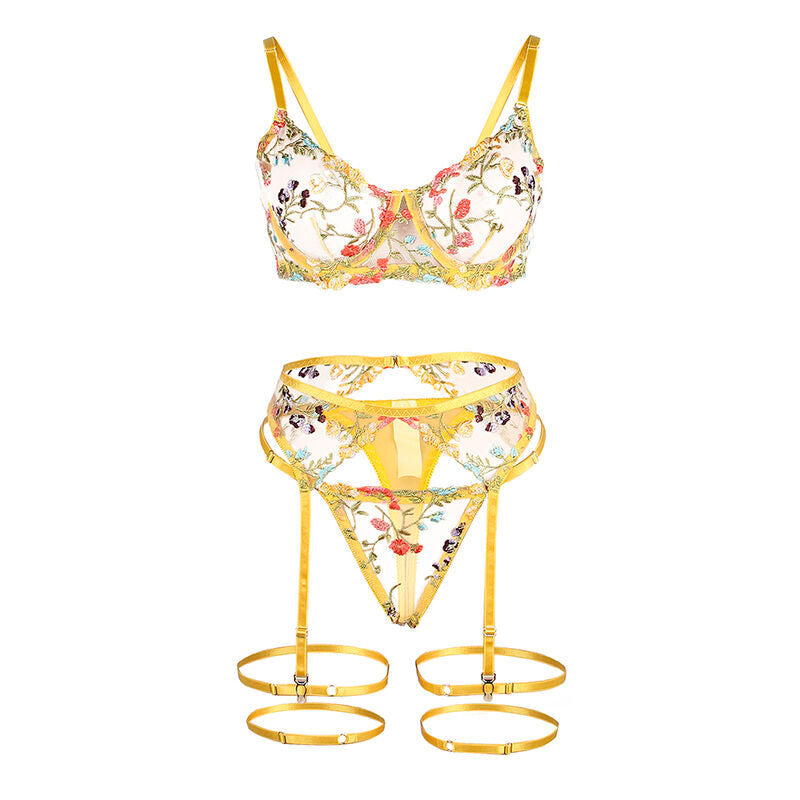 Ensemble lingerie floral jaune soutien-gorge string porte-jarretelles L/XL - Subblime - SUBBLIME SETS