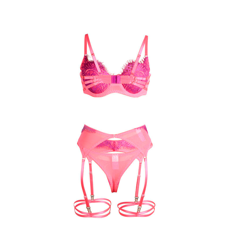 Spitzen-Dessous-Set und Strumpfhalter rose/violett S/M - Subblime