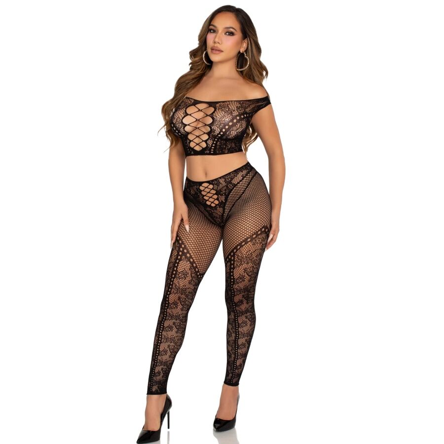 Ensemble Lingerie Crop Top et Legging Résille Noir - Leg Avenue
