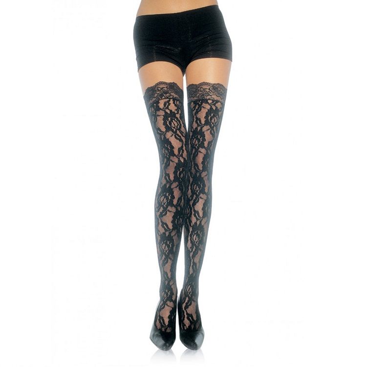 Bas Dentelle Fleurie Noir Taille Unique - Leg Avenue
